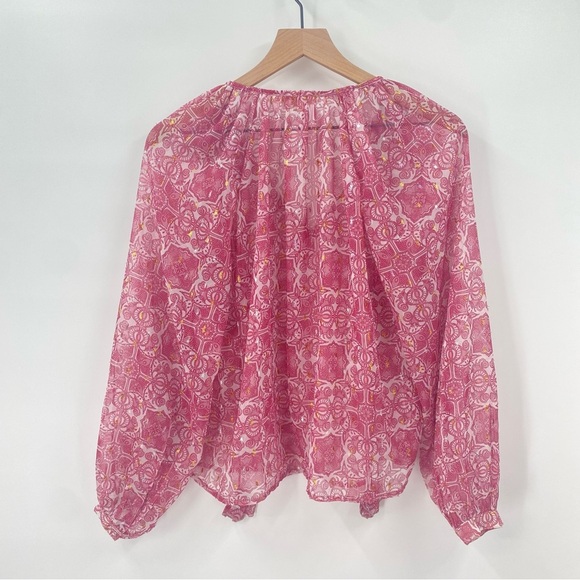 Anthropologie Let Me Be Pink Sheer Puff Sleeve Peasant Blouse Small - Picture 2 of 6